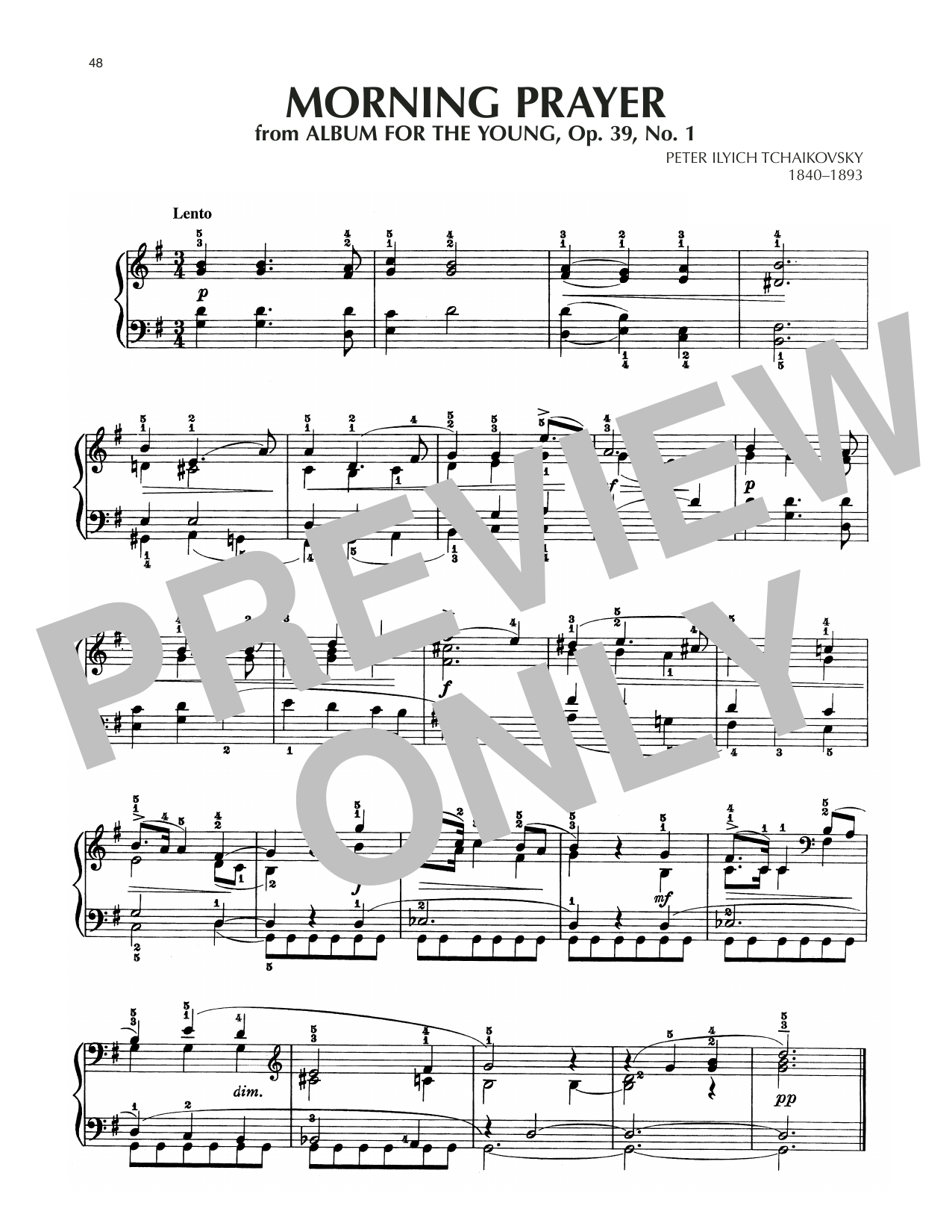 Pyotr Il'yich Tchaikovsky Morning Prayer, Op. 39, No. 1 sheet music notes and chords arranged for Piano Solo