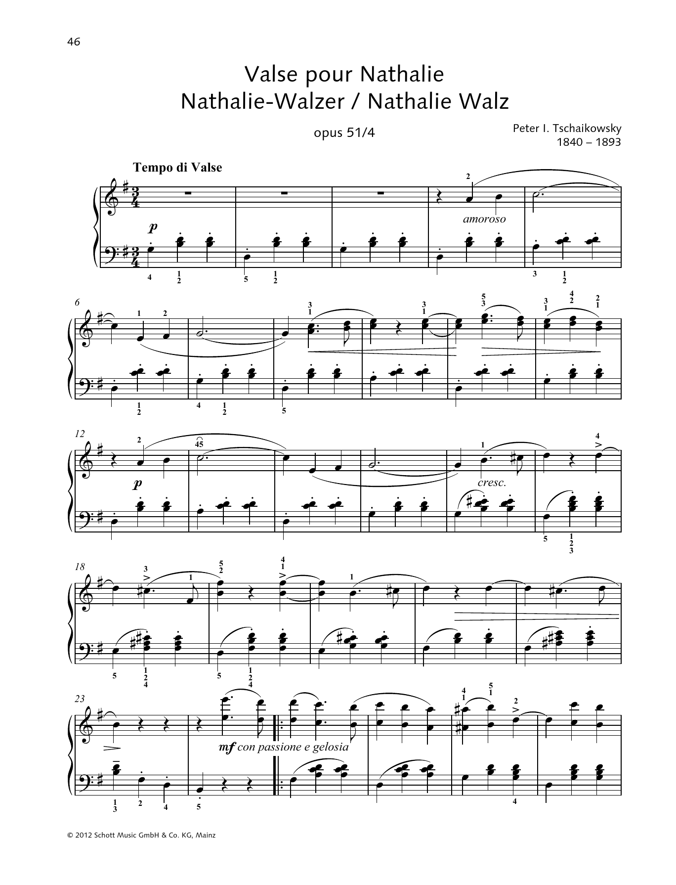 Pyotr Il'yich Tchaikovsky Nathalie Waltz sheet music notes and chords arranged for Piano Solo