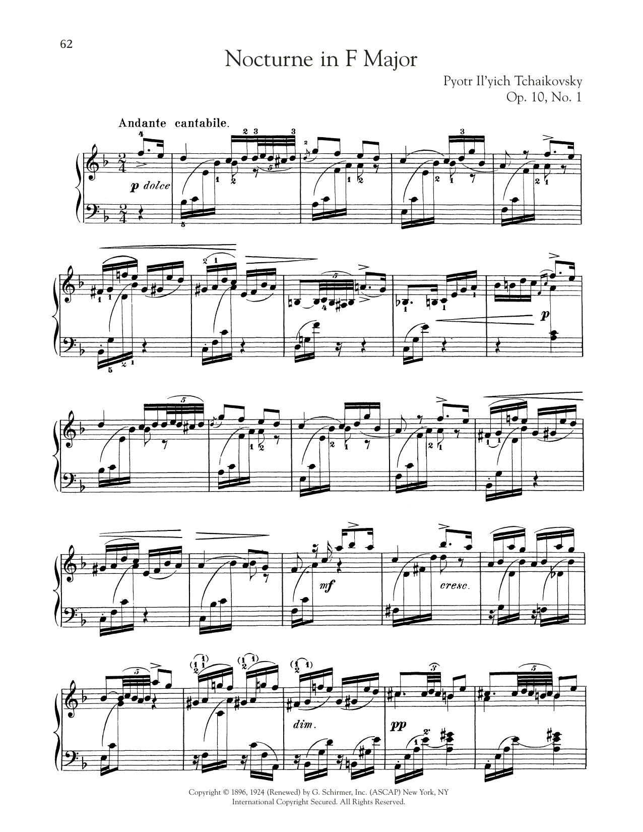 Pyotr Il'yich Tchaikovsky Nocturne, Op. 10, No. 1 sheet music notes and chords arranged for Piano Solo