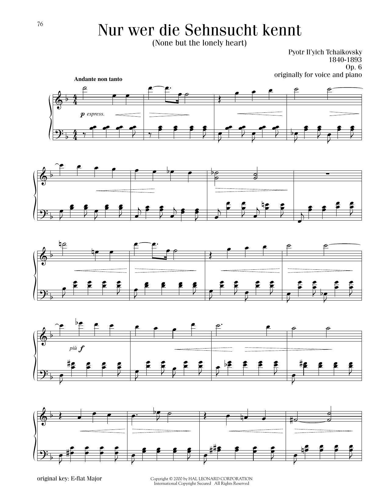 Pyotr Il'yich Tchaikovsky None But The Lonely Heart (Nur Wer Die Sehnsucht Kennt), Op. 6 sheet music notes and chords arranged for Piano Solo