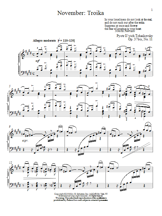 Pyotr Il'yich Tchaikovsky November: Troika sheet music notes and chords arranged for Piano Solo