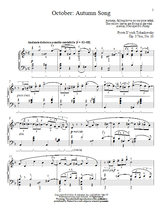 Pyotr Il'yich Tchaikovsky October: Autumn Song sheet music notes and chords arranged for Piano Solo