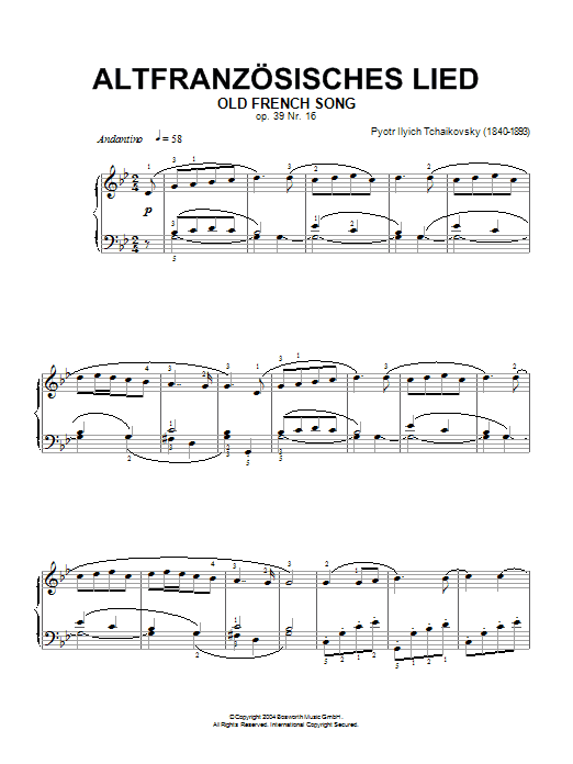 Pyotr Il'yich Tchaikovsky Old French Song, Op.39, No.16 sheet music notes and chords arranged for Piano Solo