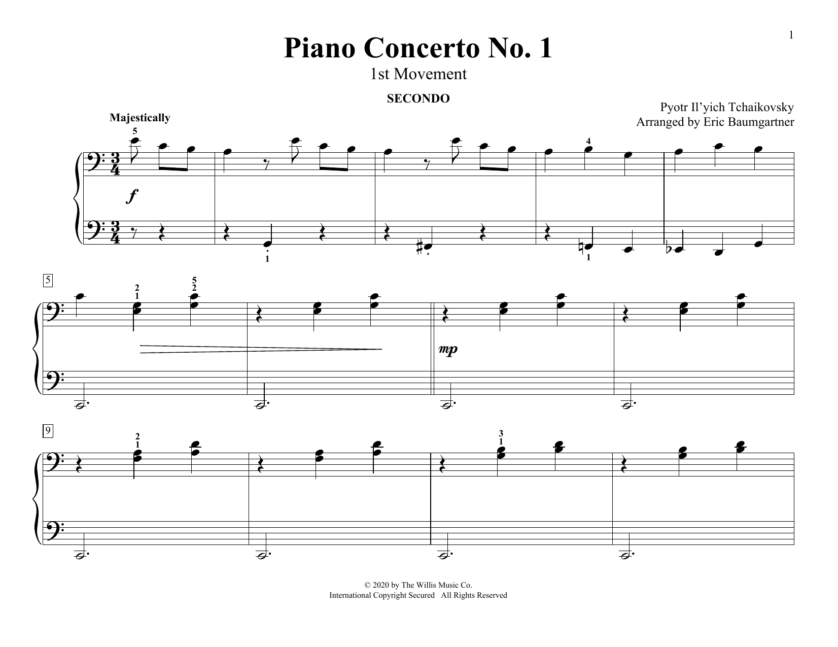 Pyotr Il'yich Tchaikovsky Piano Concerto No. 1 (1st Movement) (arr. Eric Baumgartner) sheet music notes and chords arranged for Piano Duet