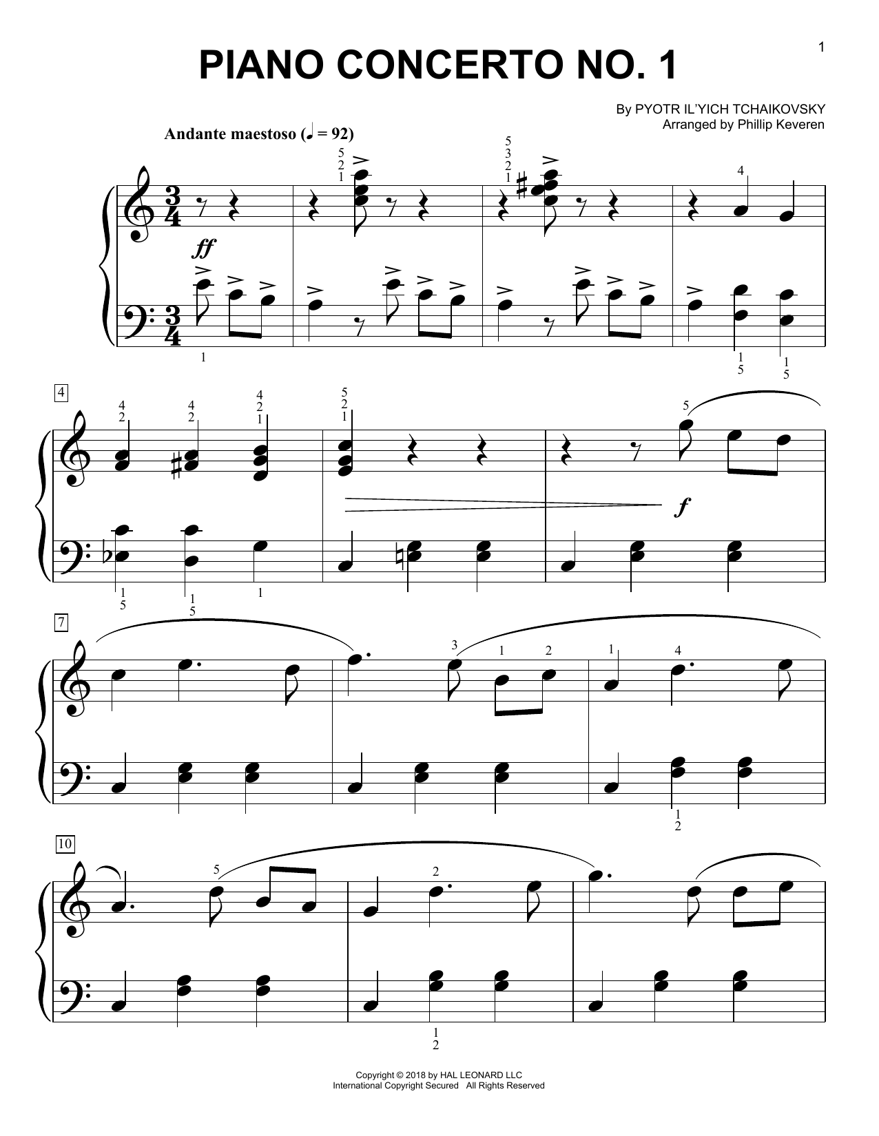 Pyotr Il'yich Tchaikovsky Piano Concerto No. 1 In B-Flat Major, Op. 23 (arr. Phillip Keveren) sheet music notes and chords arranged for Big Note Piano