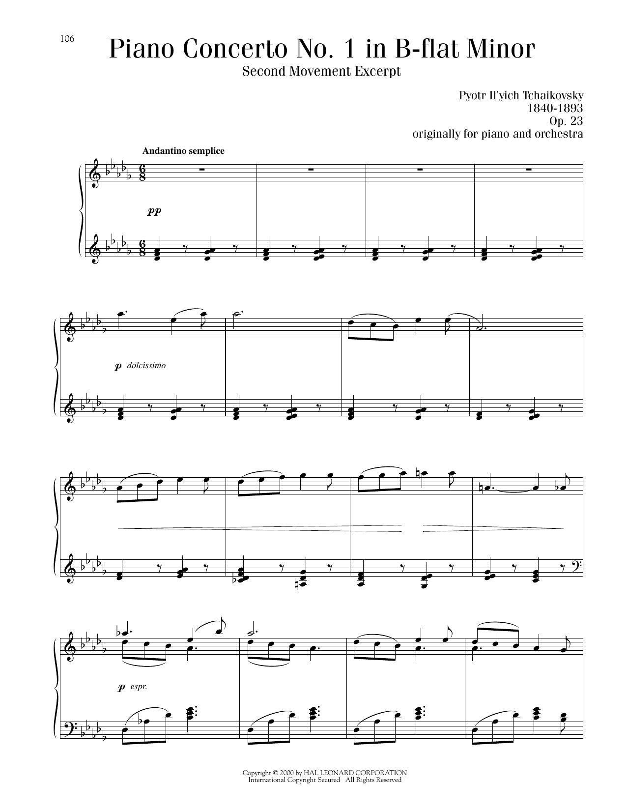 Pyotr Il'yich Tchaikovsky Piano Concerto No. 1 In B-Flat Minor, Op. 23, Second Movement Excerpt sheet music notes and chords arranged for Piano Solo