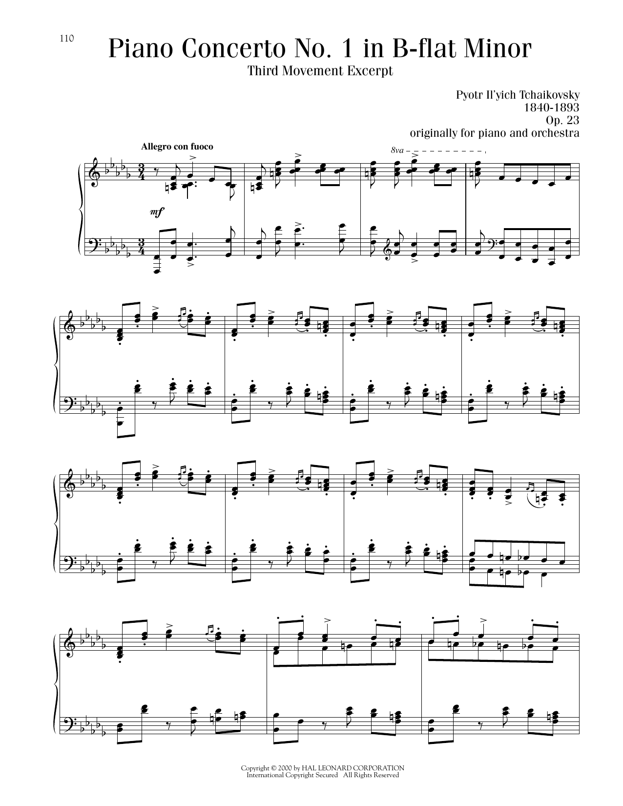Pyotr Il'yich Tchaikovsky Piano Concerto No. 1 In B-Flat Minor, Op. 23, Third Movement Excerpt sheet music notes and chords arranged for Piano Solo