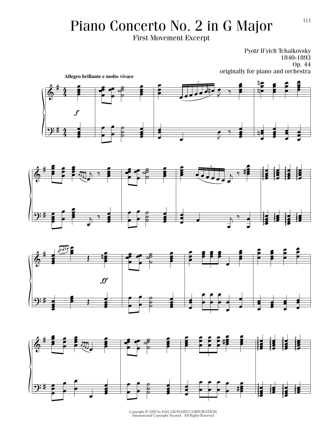 Pyotr Il'yich Tchaikovsky Piano Concerto No. 2 In G Major, Op. 44, First Movement Excerpt sheet music notes and chords arranged for Piano Solo