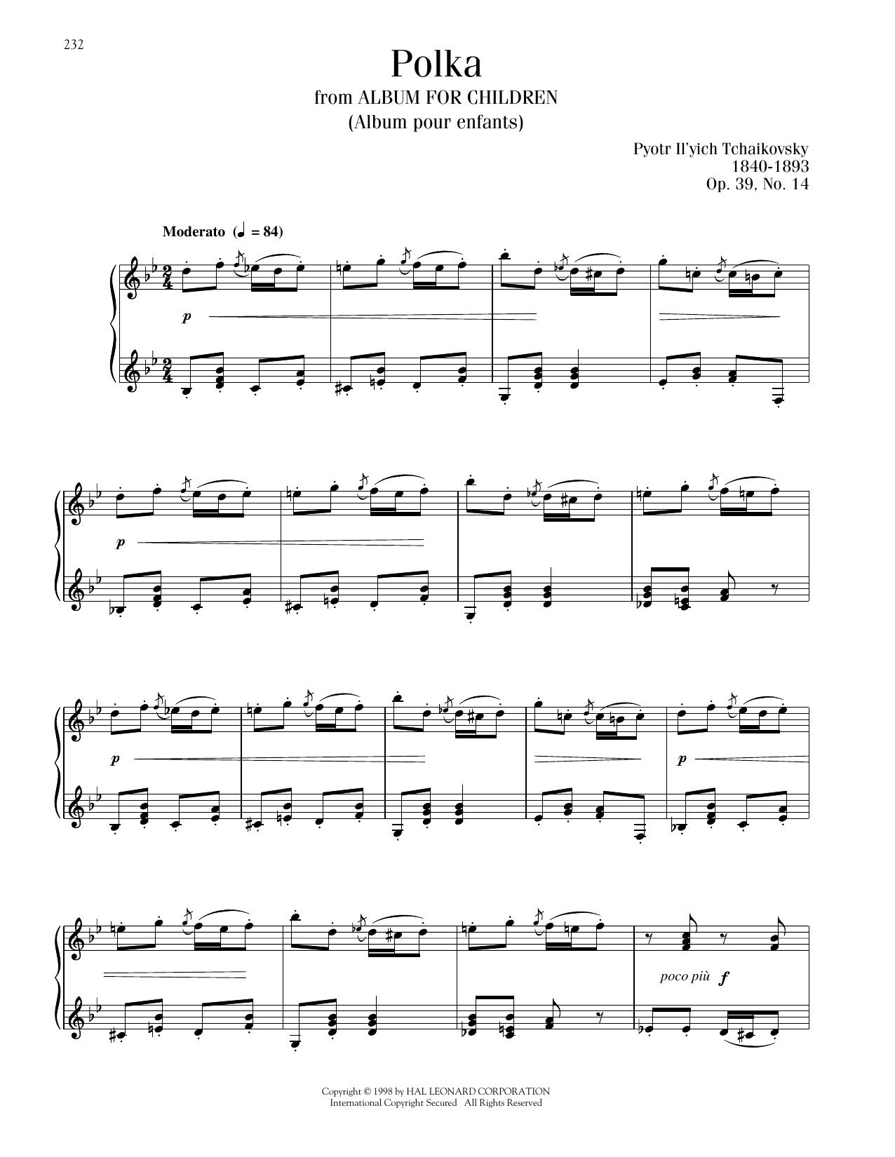 Pyotr Il'yich Tchaikovsky Polka, Op. 39, No. 14 sheet music notes and chords arranged for Piano Solo