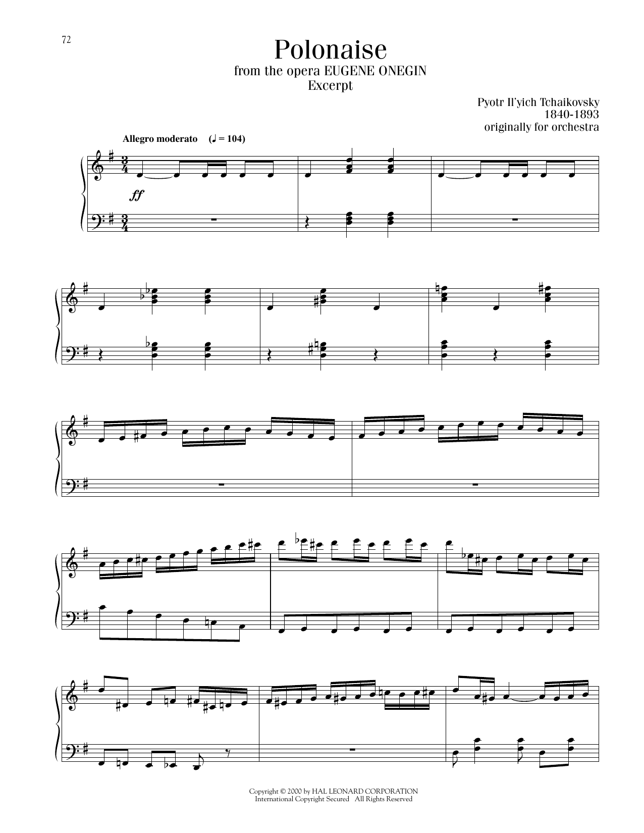 Pyotr Il'yich Tchaikovsky Polonaise sheet music notes and chords arranged for Piano Solo