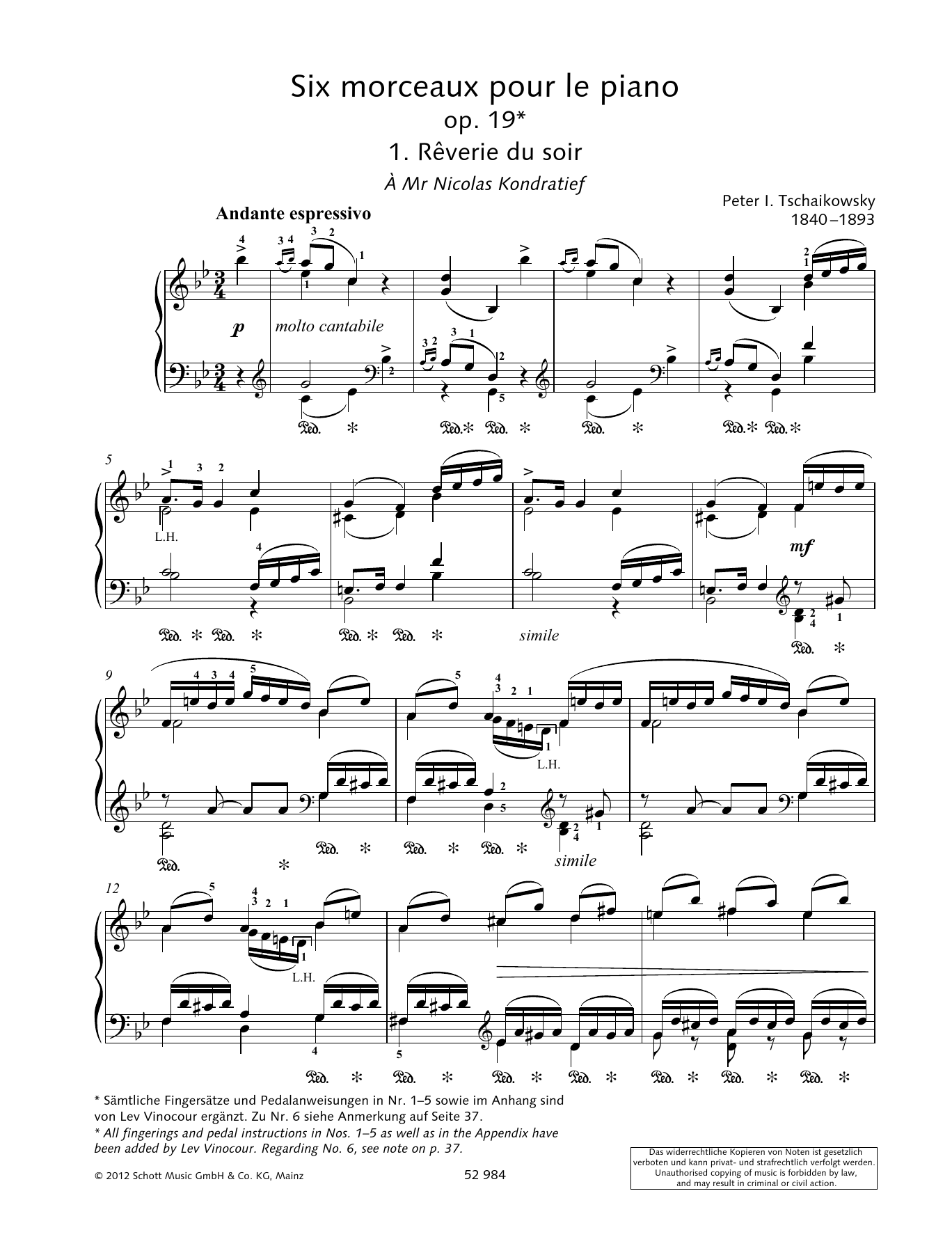 Pyotr Il'yich Tchaikovsky Reverie Du Soir sheet music notes and chords arranged for Piano Solo