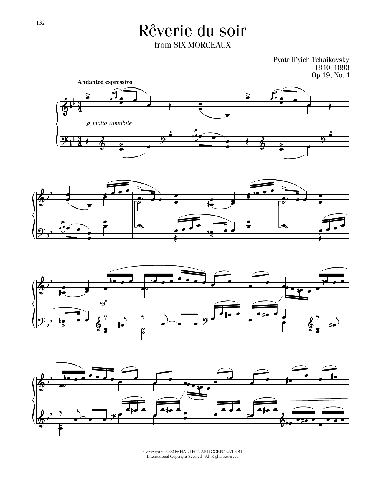 Pyotr Il'yich Tchaikovsky Reverie Du Soir, Op. 19, No. 1 sheet music notes and chords arranged for Piano Solo