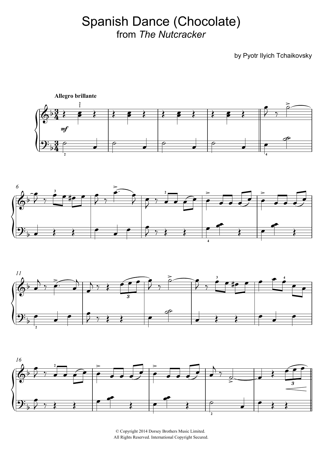 Pyotr Ilyich Tchaikovsky Spanish Dance (Chocolate) sheet music notes and chords arranged for Easy Piano