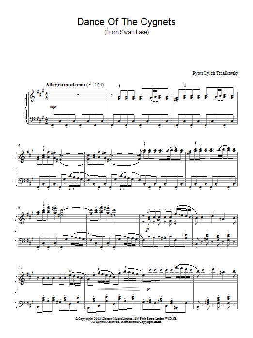 Pyotr Il'yich Tchaikovsky Swan Lake, Op. 20 (Dance Of The Cygnets) sheet music notes and chords arranged for Piano Solo