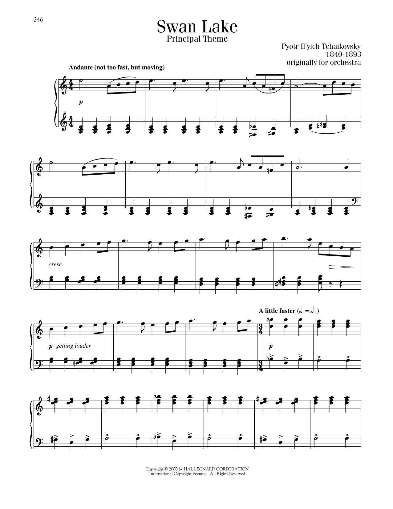 Pyotr Il'yich Tchaikovsky Swan Lake (Theme) sheet music notes and chords arranged for Piano Solo