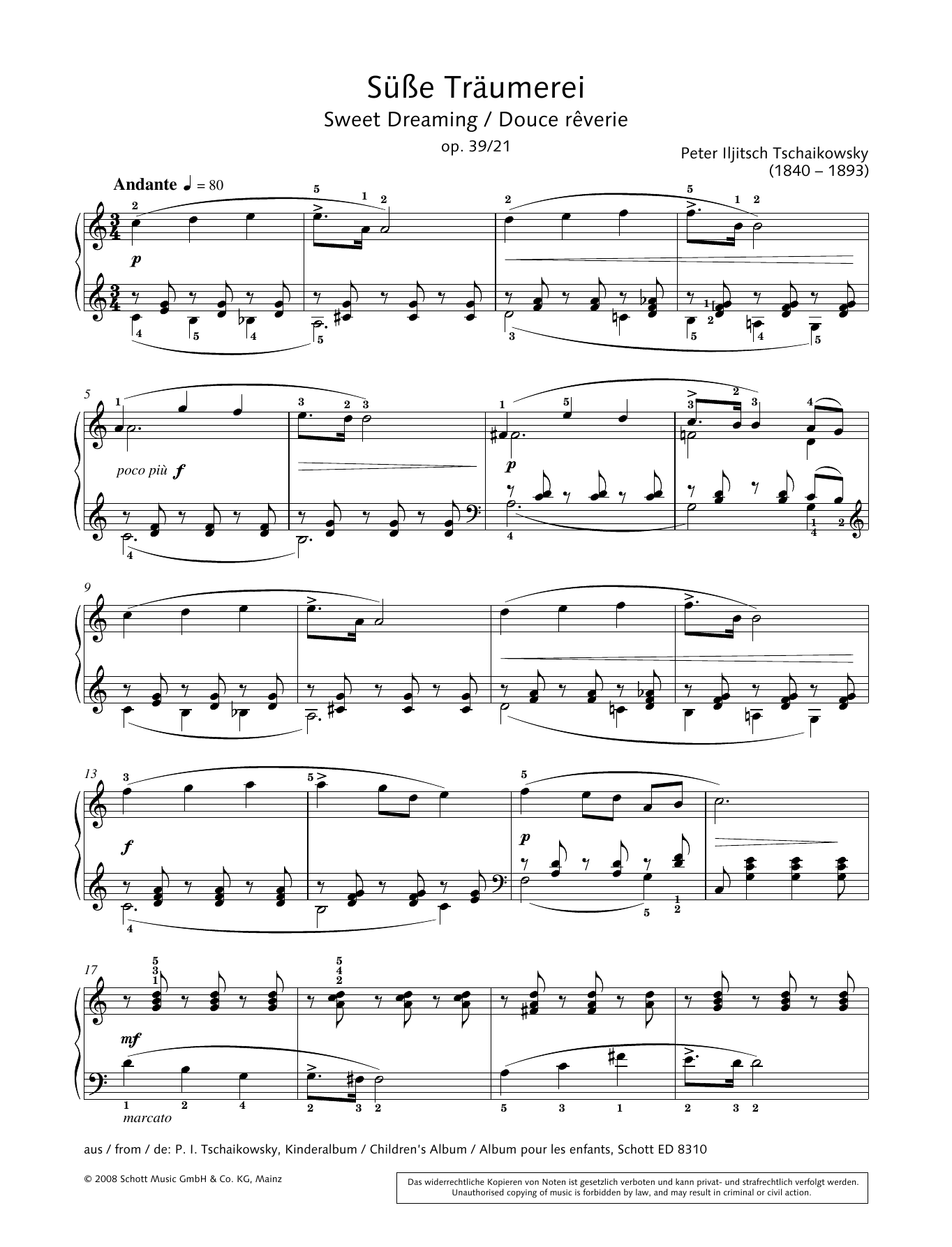 Pyotr Il'yich Tchaikovsky Sweet Dreaming sheet music notes and chords arranged for Piano Solo