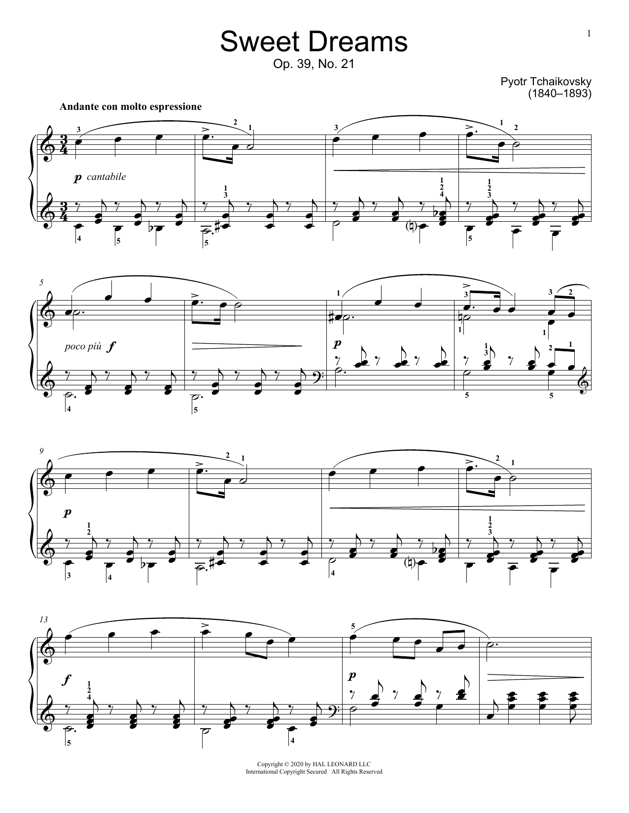 Pyotr Il'yich Tchaikovsky Sweet Dreams, Op. 39, No. 21 sheet music notes and chords arranged for Educational Piano