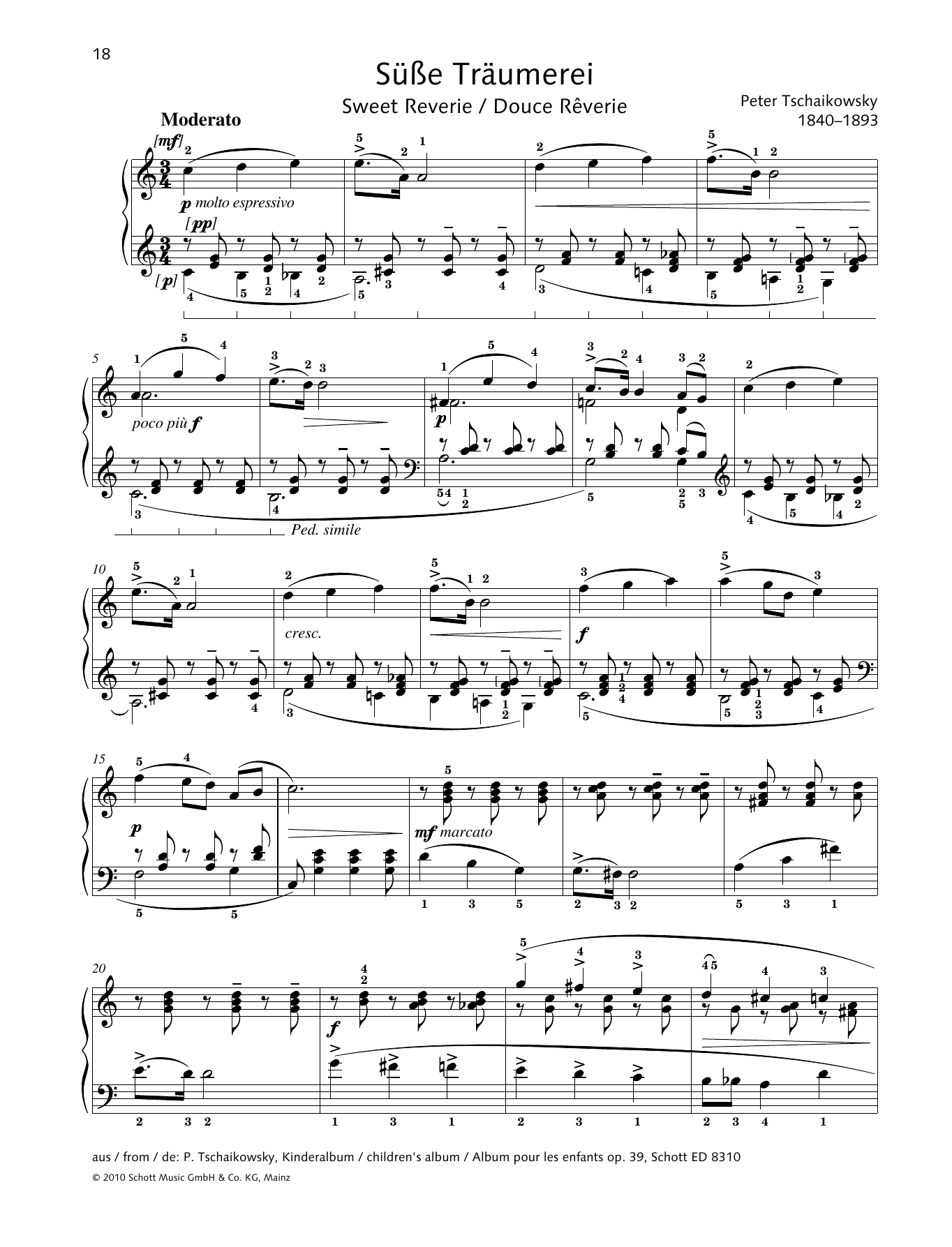 Pyotr Il'yich Tchaikovsky Sweet Reverie sheet music notes and chords arranged for Piano Solo