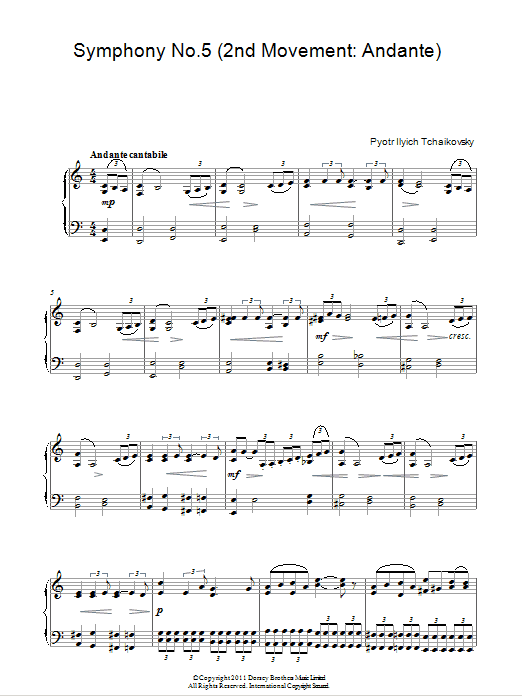 Pyotr Il'yich Tchaikovsky Symphony No. 5 (2nd Movement: Andante) sheet music notes and chords arranged for French Horn Solo