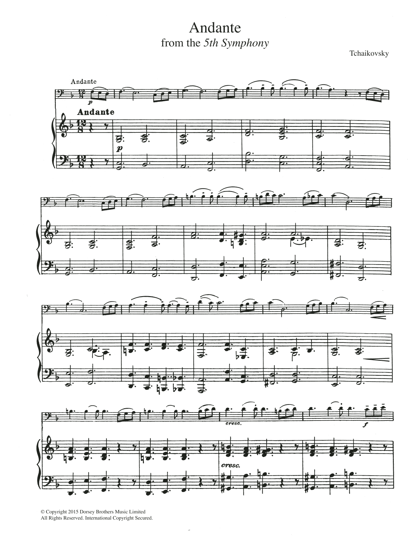 Pyotr Il'yich Tchaikovsky Symphony No.5 (2nd Movement: Andante) sheet music notes and chords arranged for Cello Solo