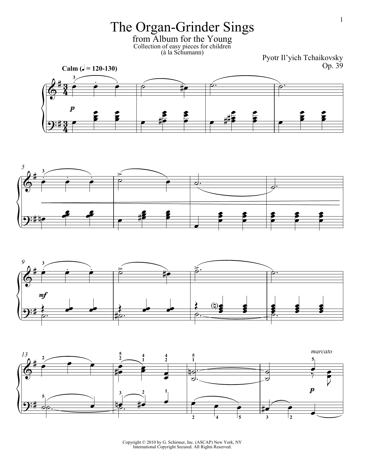 Pyotr Il'yich Tchaikovsky The Organ-Grinder Sings sheet music notes and chords arranged for Piano Solo