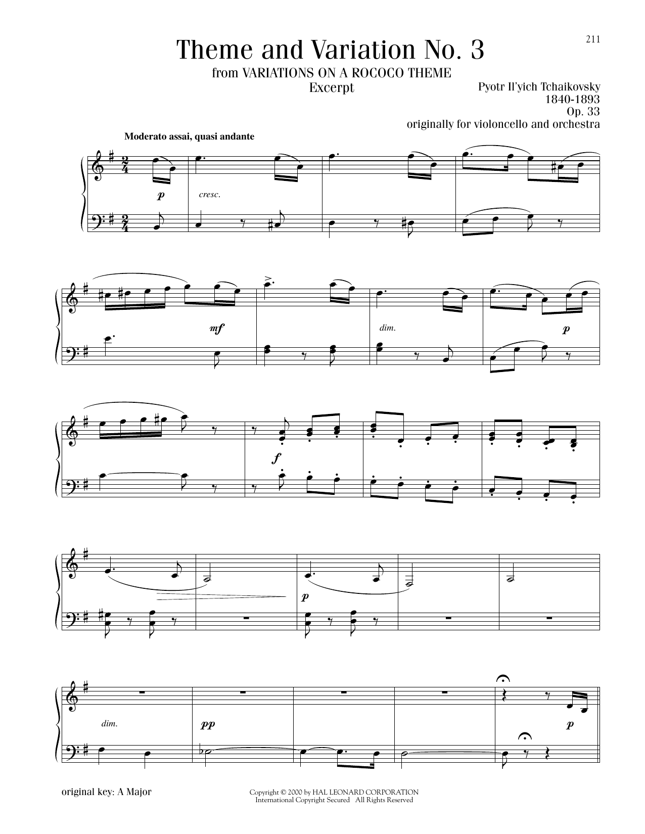Pyotr Il'yich Tchaikovsky Theme And Variation No. 3, Op. 33 sheet music notes and chords arranged for Piano Solo