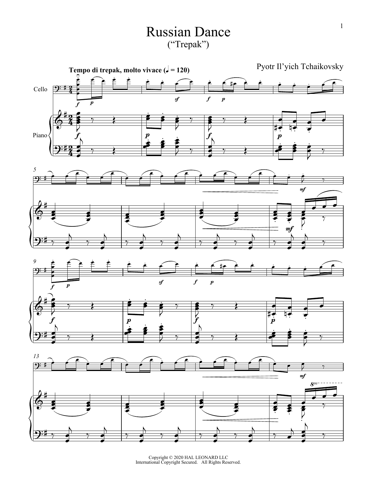 Pyotr Il'yich Tchaikovsky Trepak (from The Nutcracker) sheet music notes and chords arranged for Cello and Piano