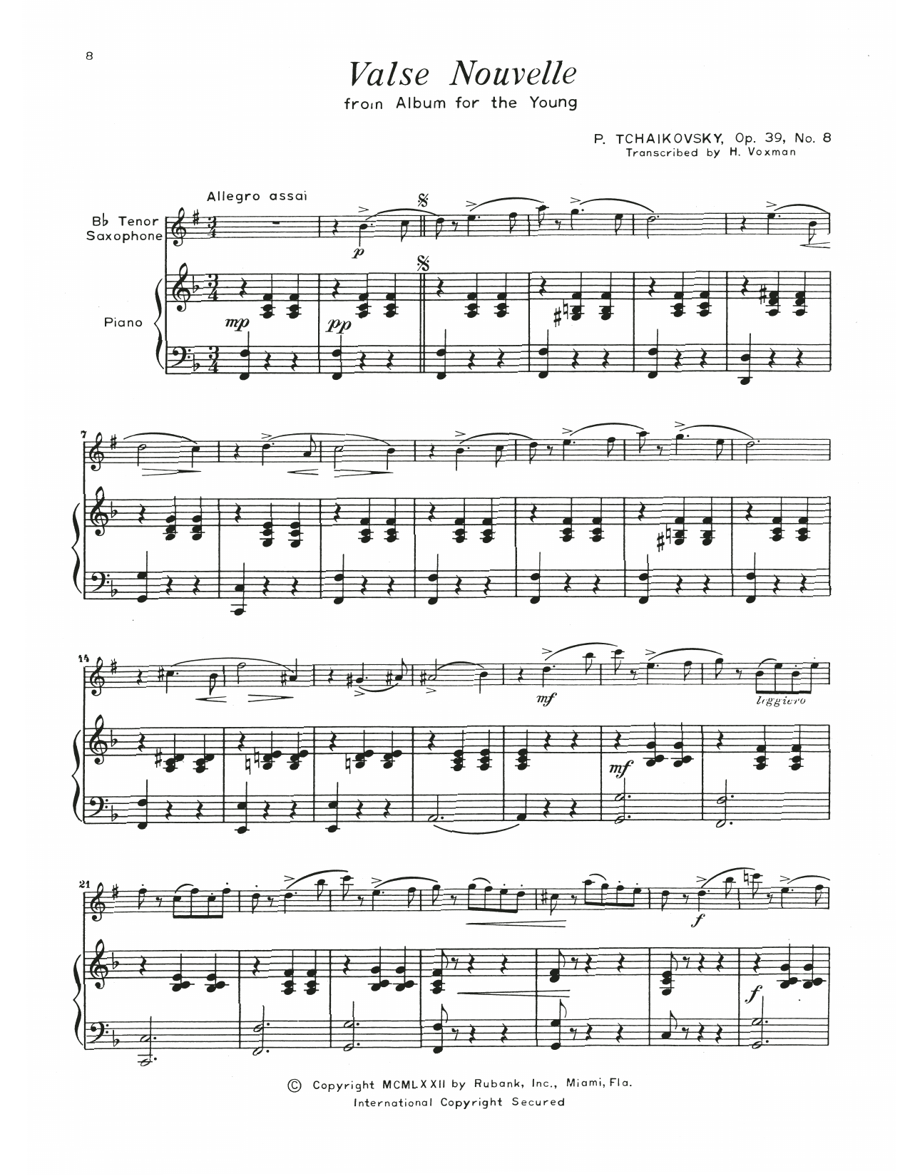 Pyotr Il'yich Tchaikovsky Valse Nouvelle sheet music notes and chords arranged for Tenor Sax and Piano