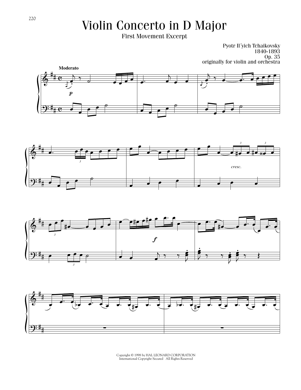 Pyotr Il'yich Tchaikovsky Violin Concerto in D Major, Op. 35, First Movement Excerpt sheet music notes and chords arranged for Piano Solo