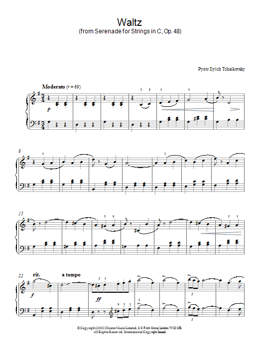 Pyotr Il'yich Tchaikovsky Waltz (from Serenade for Strings In C, Op. 48) sheet music notes and chords arranged for Piano Solo
