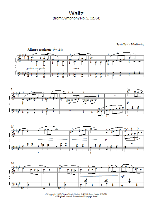 Pyotr Il'yich Tchaikovsky Waltz (from Symphony No. 5, Op. 64) sheet music notes and chords arranged for Piano Solo