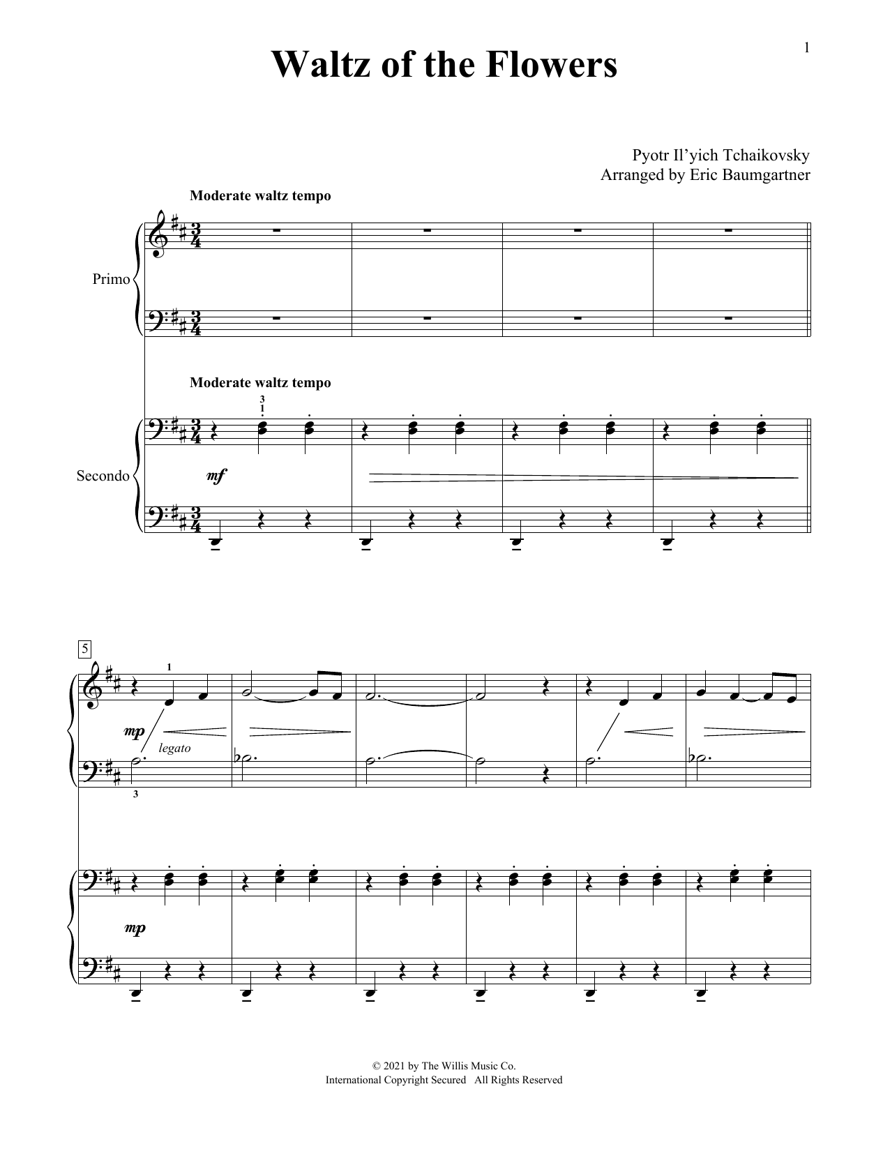 Pyotr Il'yich Tchaikovsky Waltz Of The Flowers (from The Nutcracker) (arr. Eric Baumgartner) sheet music notes and chords arranged for Piano Duet