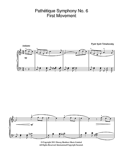 Pyotr Ilyich Tchaikovsky First Movement from Symphony No. 6, 'Pathetique' sheet music notes and chords arranged for Beginner Piano