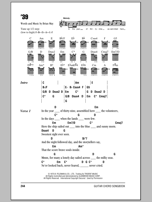 Queen '39 sheet music notes and chords arranged for Guitar Chords/Lyrics