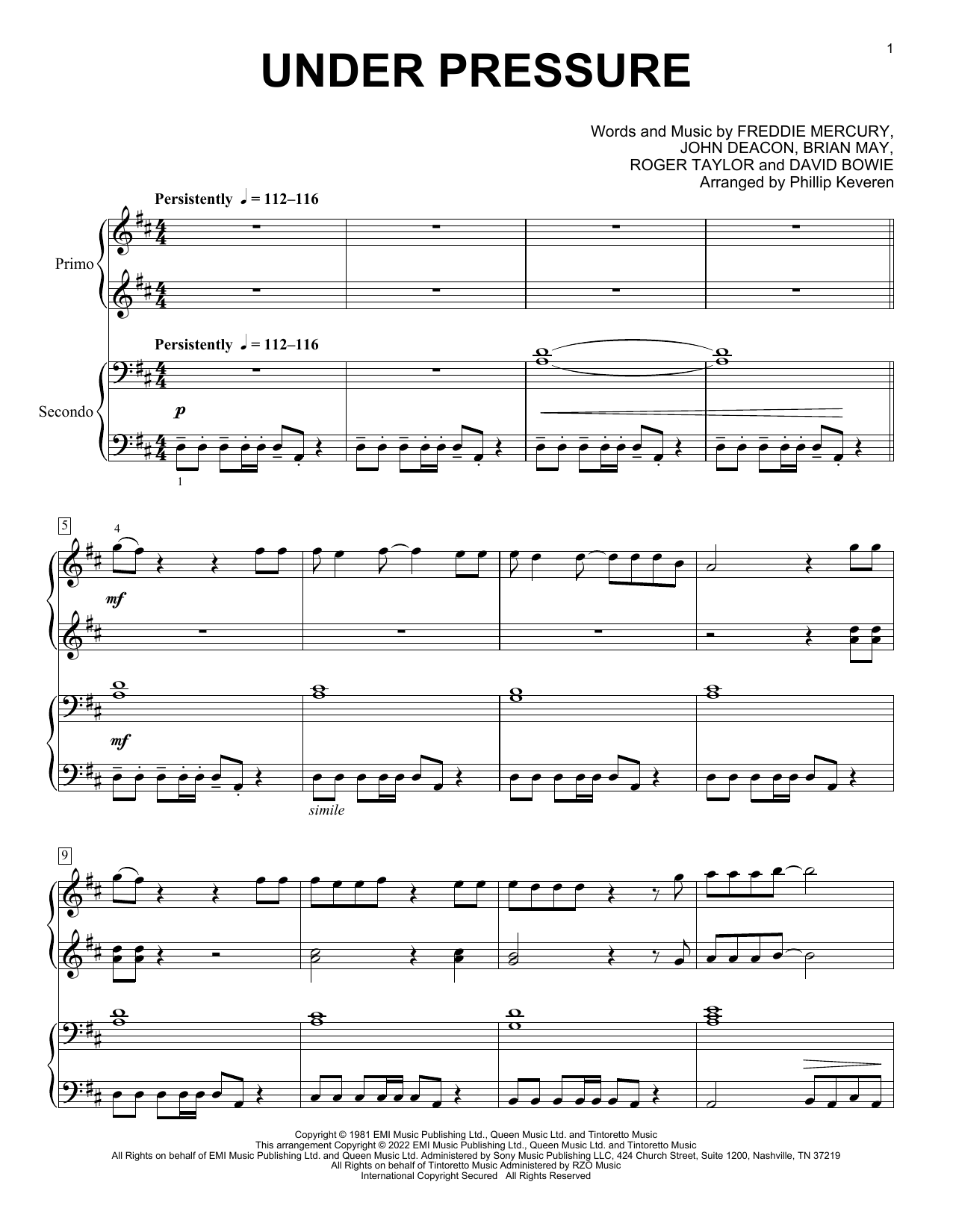 Queen & David Bowie Under Pressure (arr. Phillip Keveren) sheet music notes and chords arranged for Piano Duet