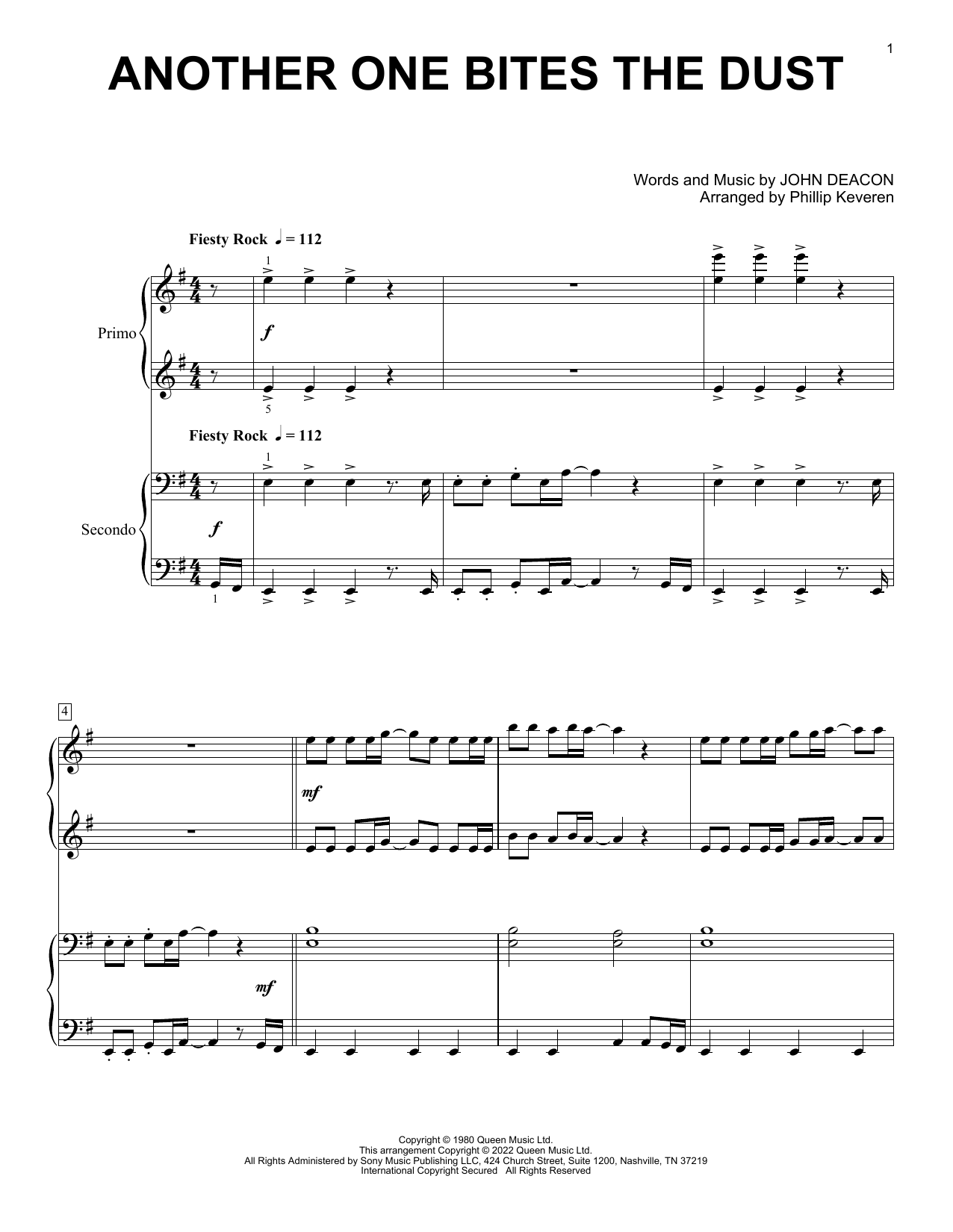 Queen Another One Bites The Dust (arr. Phillip Keveren) sheet music notes and chords arranged for Piano Duet