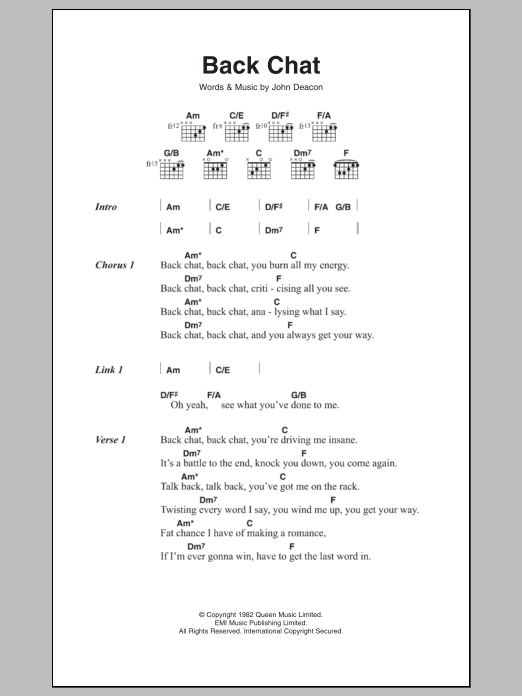 Queen Back Chat sheet music notes and chords arranged for Guitar Chords/Lyrics