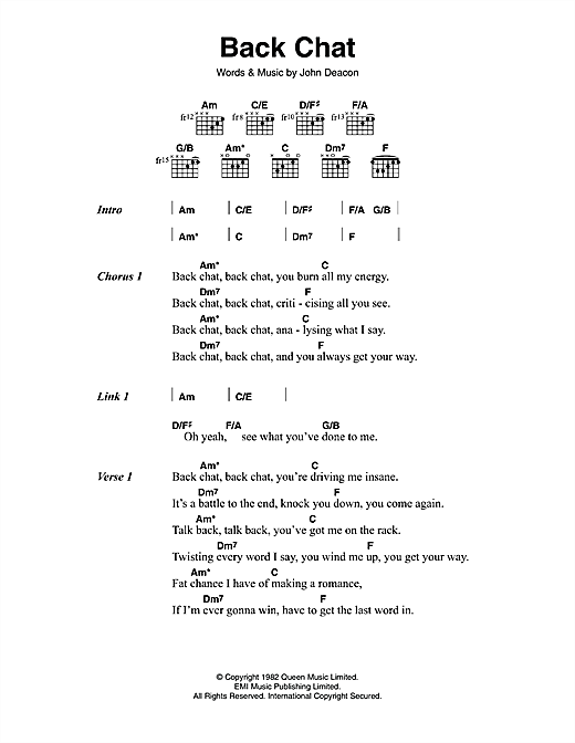 Queen Back Chat sheet music notes and chords arranged for Guitar Chords/Lyrics