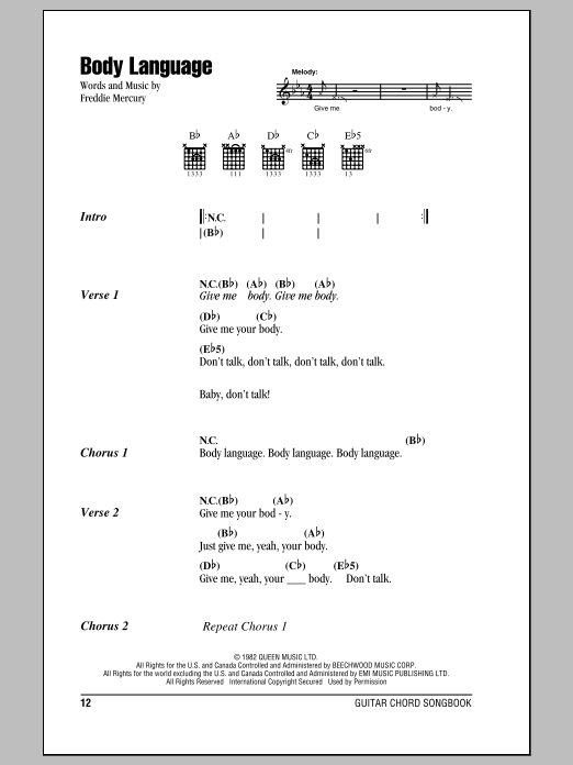 Queen Body Language sheet music notes and chords arranged for Piano, Vocal & Guitar Chords (Right-Hand Melody)