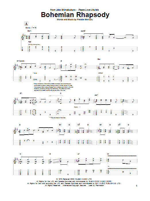 Queen Bohemian Rhapsody (arr. Jake Shimabukuro) sheet music notes and chords arranged for Ukulele