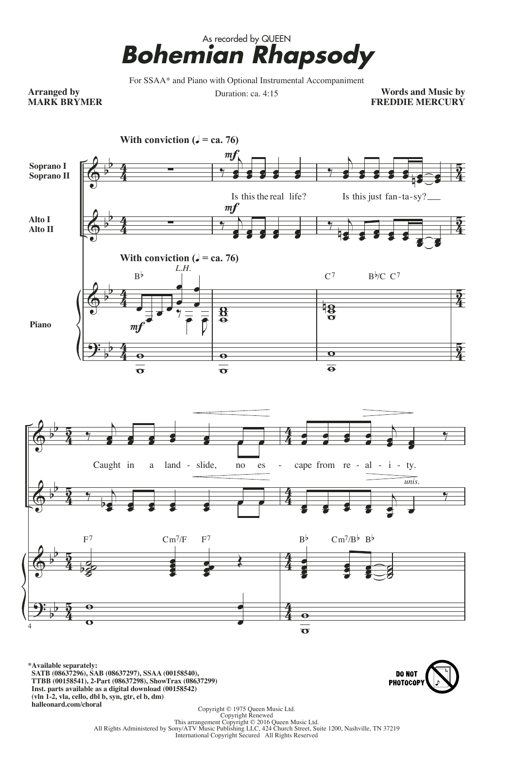 Queen Bohemian Rhapsody (arr. Mark Brymer) sheet music notes and chords arranged for SATB Choir
