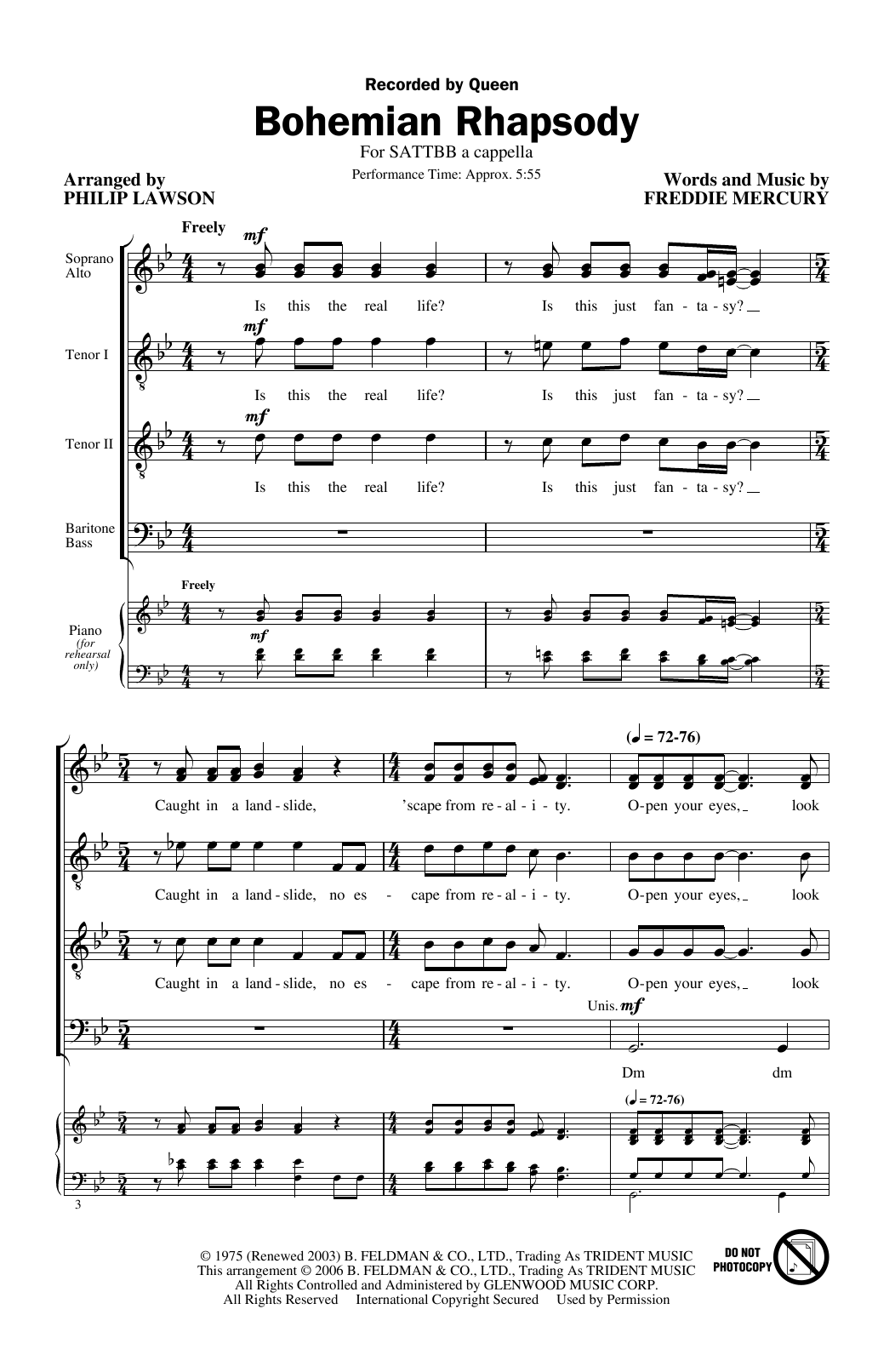 Queen Bohemian Rhapsody (arr. Philip Lawson) sheet music notes and chords arranged for SATTBB Choir