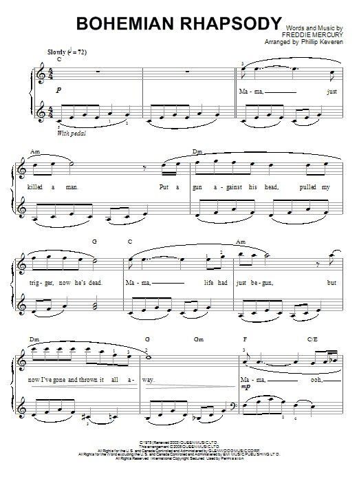Queen Bohemian Rhapsody (arr. Phillip Keveren) sheet music notes and chords arranged for Easy Piano