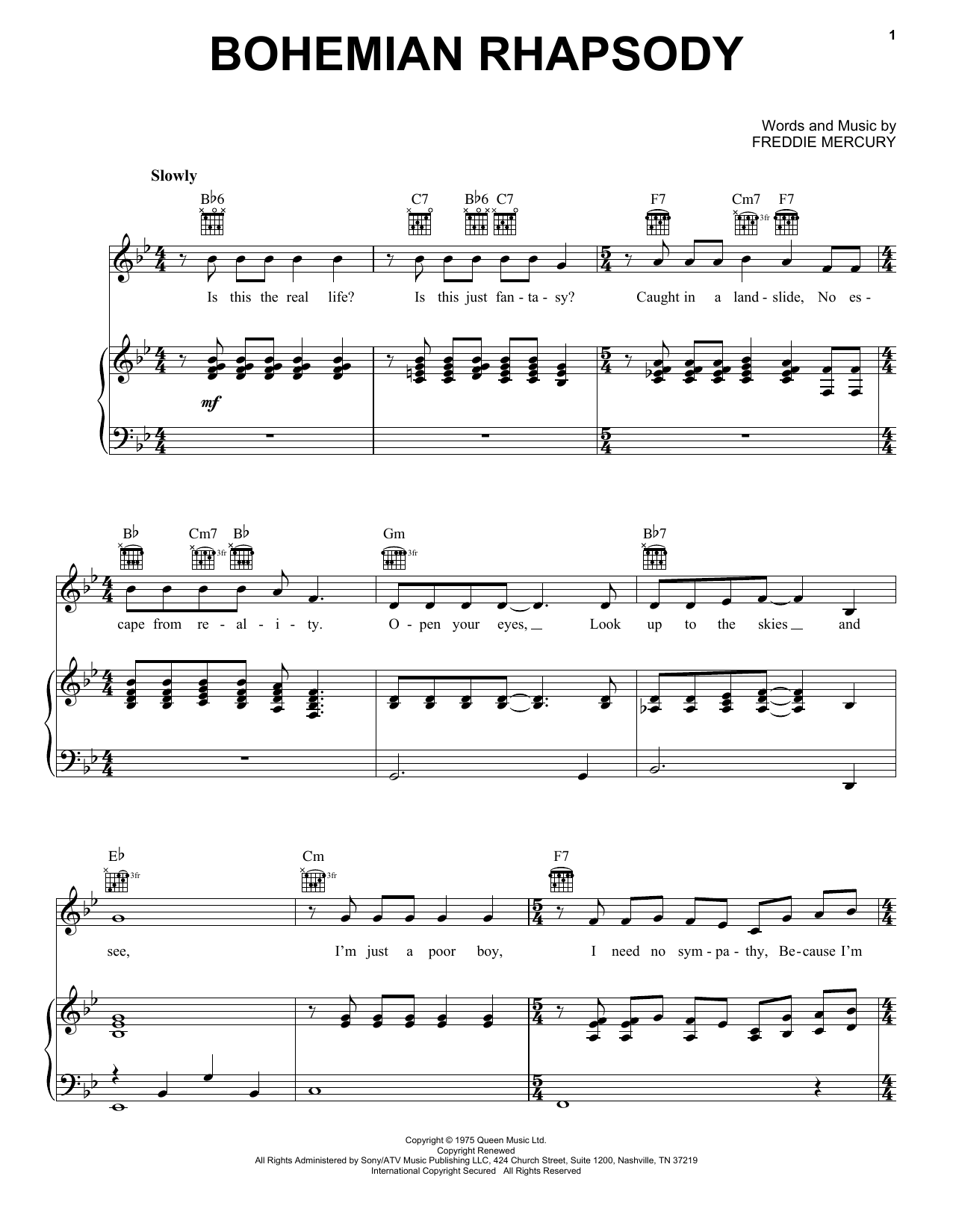 Queen Bohemian Rhapsody sheet music notes and chords arranged for Marimba Solo