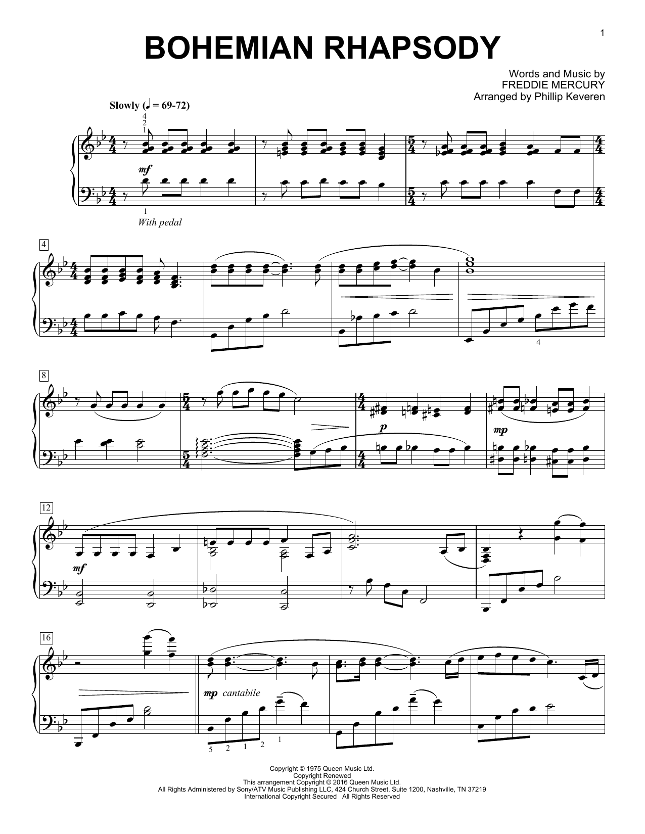 Queen Bohemian Rhapsody [Classical version] (arr. Phillip Keveren) sheet music notes and chords arranged for Piano Solo