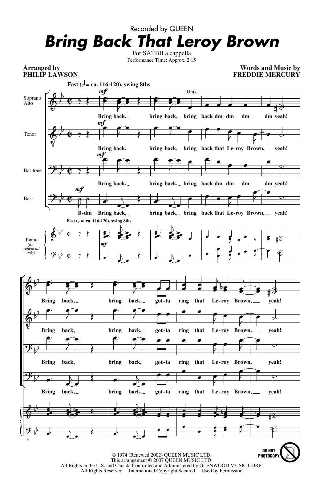 Queen Bring Back That Leroy Brown (arr. Philip Lawson) sheet music notes and chords arranged for SATB Choir