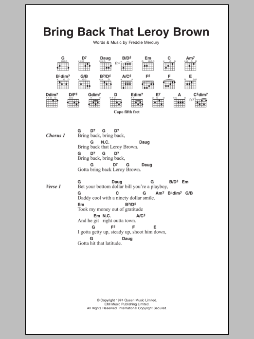 Queen Bring Back That Leroy Brown sheet music notes and chords arranged for Guitar Chords/Lyrics