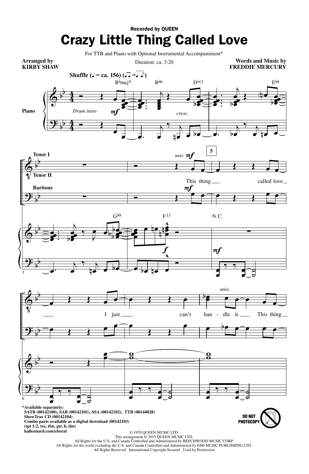 Queen Crazy Little Thing Called Love (arr. Kirby Shaw) sheet music notes and chords arranged for TBB Choir