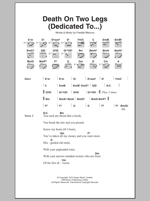 Queen Death On Two Legs (Dedicated To...) sheet music notes and chords arranged for Guitar Chords/Lyrics