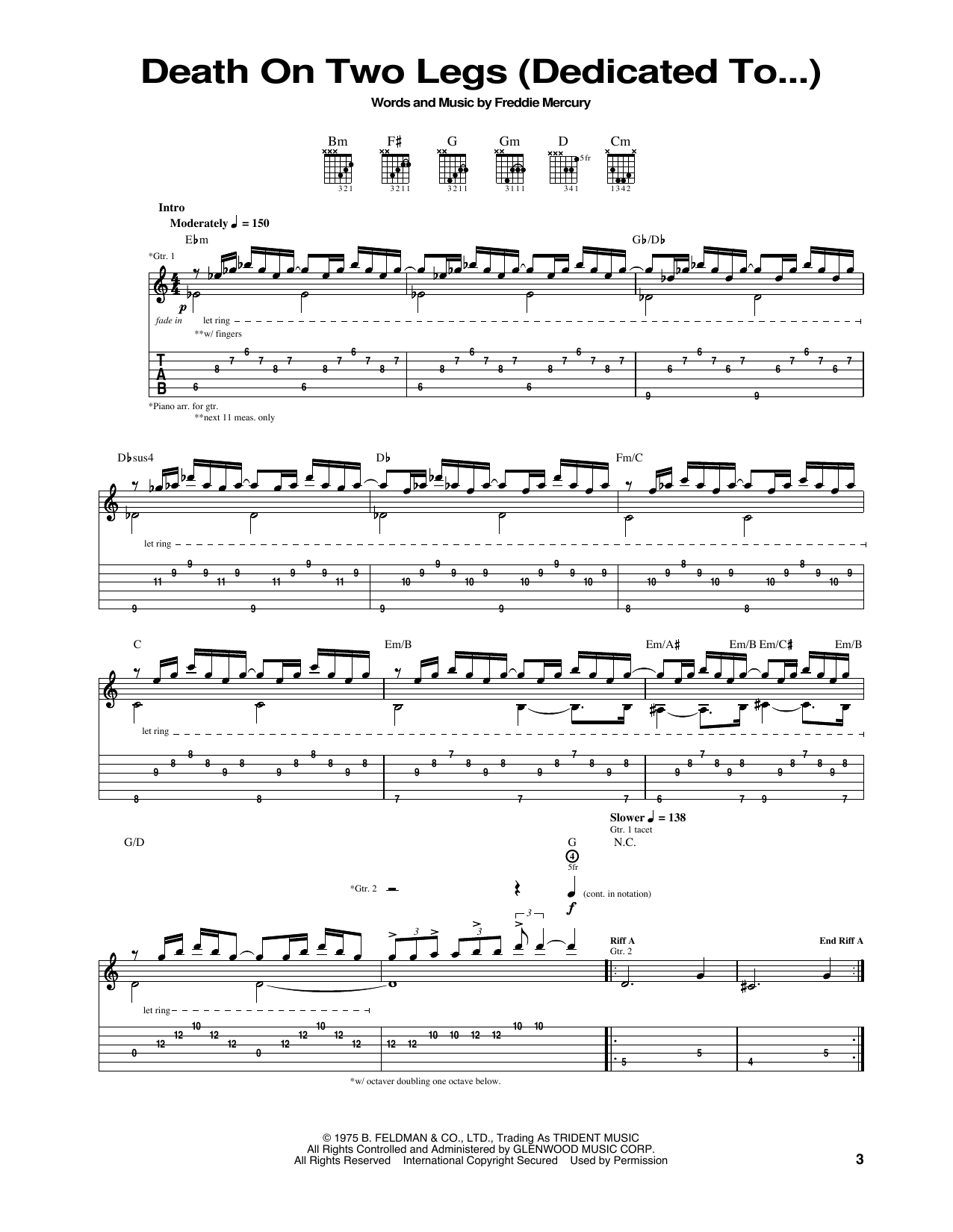 Queen Death On Two Legs sheet music notes and chords arranged for Guitar Tab